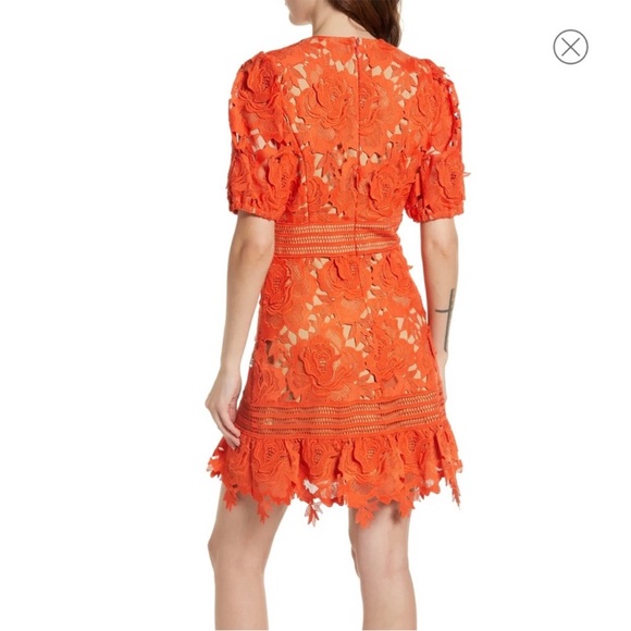 Adelyn Rae V Neck Floral Lace Orange Midi Dress. - Picture 2 of 13